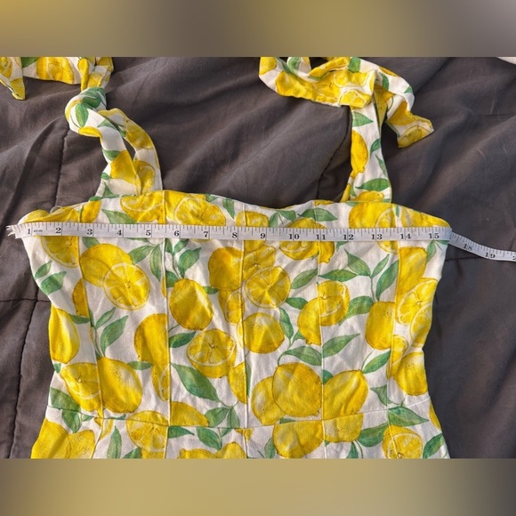 Zara Yellow Lemon Print Linen Blend Mini Dress w Tie Straps Size Small - Picture 5 of 7